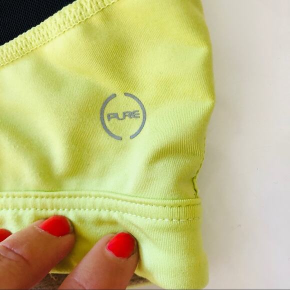 PURE Yellow Black Mesh Inset Ruched Front Sports Bra Crop Racerback S - Picture 7 of 8